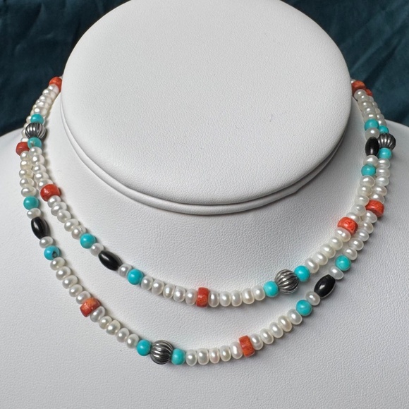 Vintage Carolyn Pollack Pearl Necklace Red Coral Turquoise American West 24" - Picture 1 of 14